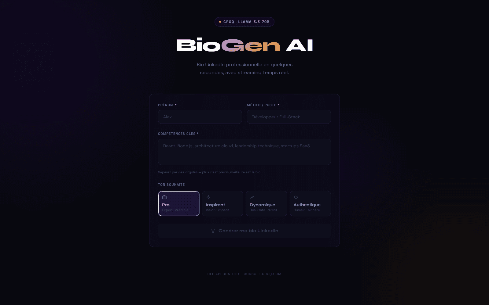 Application IA, Générateur de bio LinkedIn avec réponse en streaming.