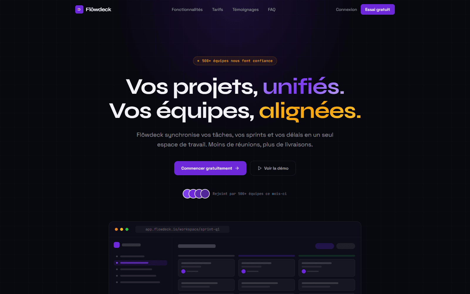 Landing SaaS, Page d'atterrissage animée pour un outil de flux de travail.