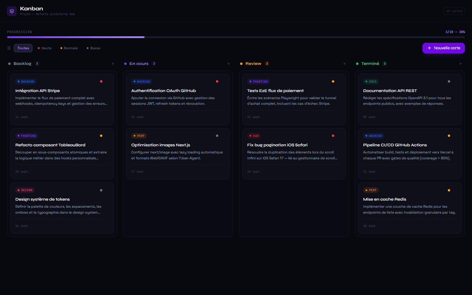 Application web, Tableau kanban en glisser-déposer, sauvegardé dans le navigateur.